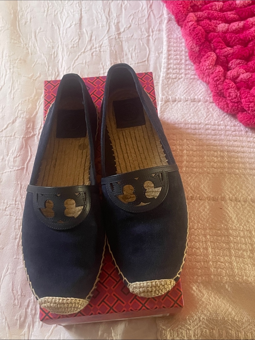 Tory Burch Navy Suede Espadrille Flats with Logo